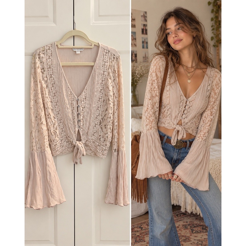 American Eagle Boho Cropped Top Womens M Lace Sheer Bell Sleeve Indie Tie Front